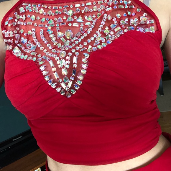 Red Rhinestone Two-Piece Formal Homecoming Dress - Picture 3 of 5